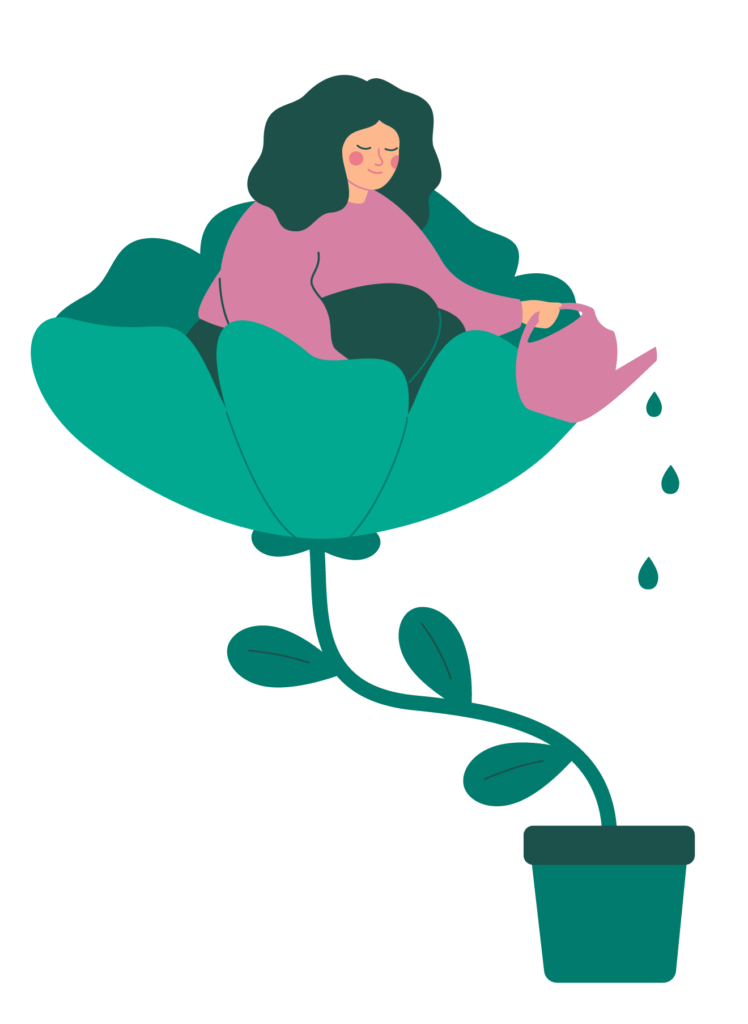 Illustration vectorielle fille qui arrose la fleur sur laquelle elle est assise, Miroir de Soi
